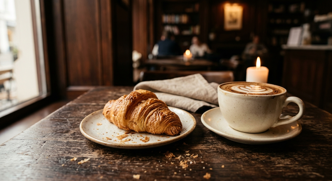 Butter croissant beside a cappuccino on a dark wood table in warm light