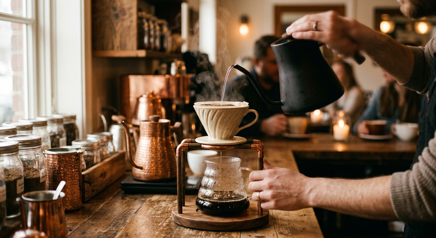 Gooseneck kettle pouring water into a ceramic dripper at the brew bar