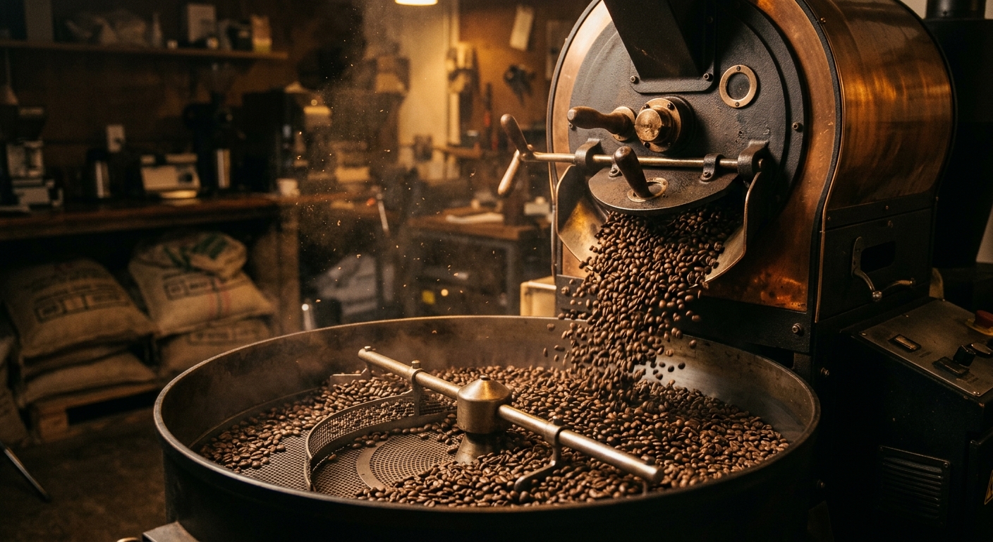 Roaster drum door open with freshly roasted beans tumbling into the cooling tray in warm amber light