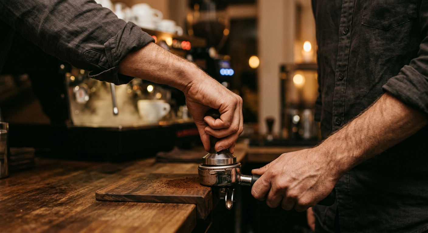 Barista hands tamping ground espresso in a portafilter on a wooden mat