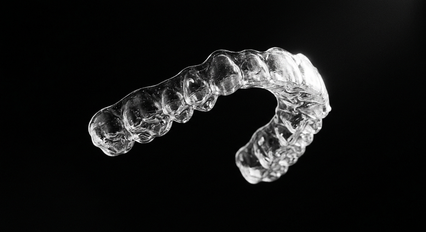 Clear aligner tray in dramatic light. AI-generated demonstration, not real patients.