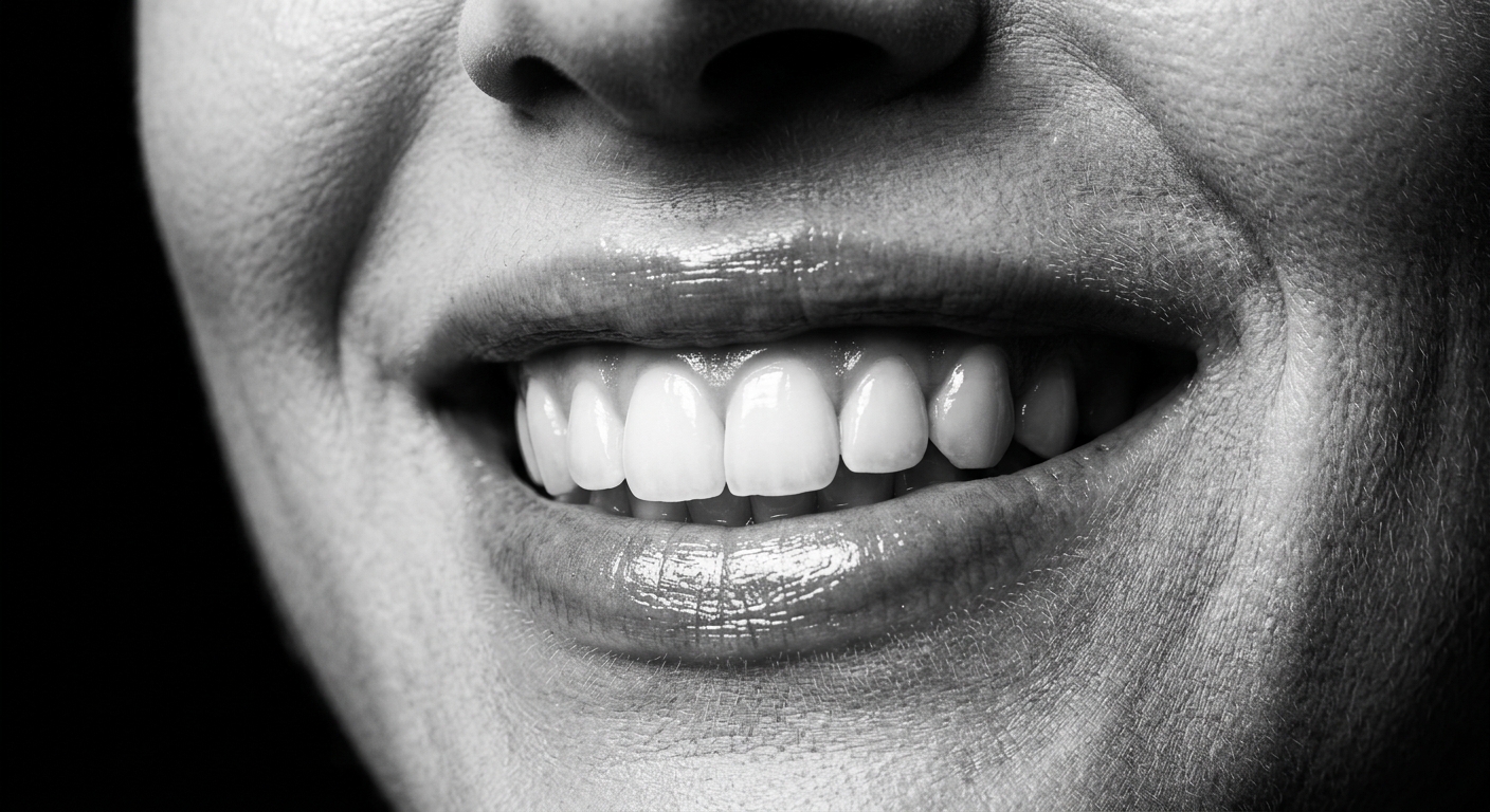 After state, the same chin-to-nose framing with bright, even enamel. AI-generated demonstration, not real patients.