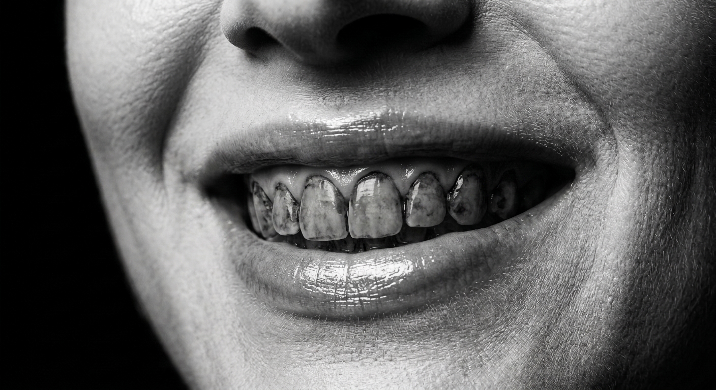 Before state, chin-to-nose smile demonstration with dull, stained enamel. AI-generated demonstration, not real patients.
