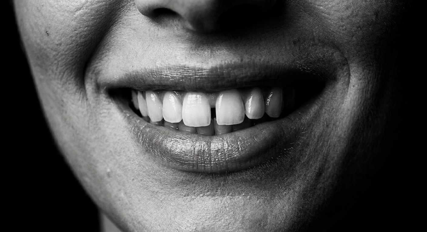 Before state, chin-to-nose smile demonstration with a front-tooth gap and mild crowding. AI-generated demonstration, not real patients.