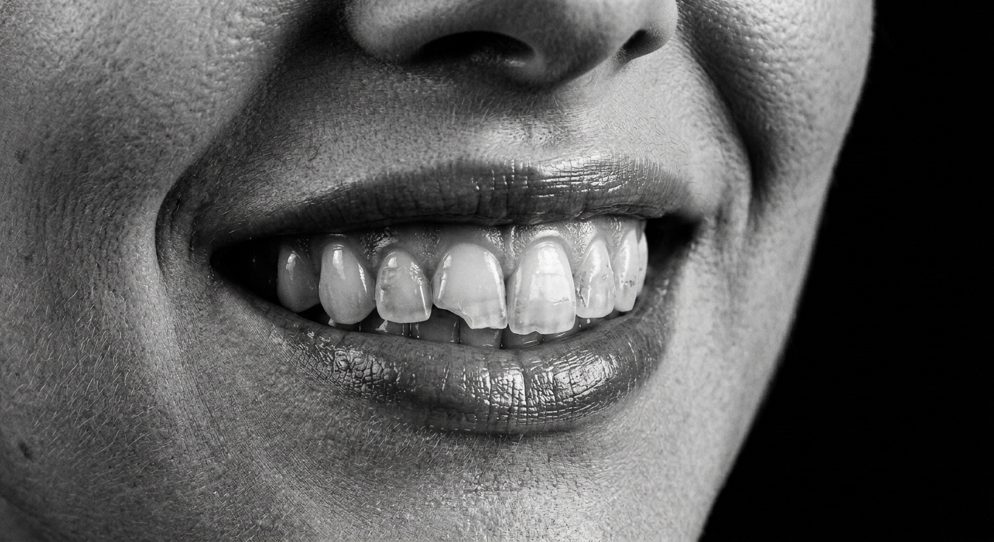 Before state, chin-to-nose smile demonstration with worn, chipped incisal edges. AI-generated demonstration, not real patients.