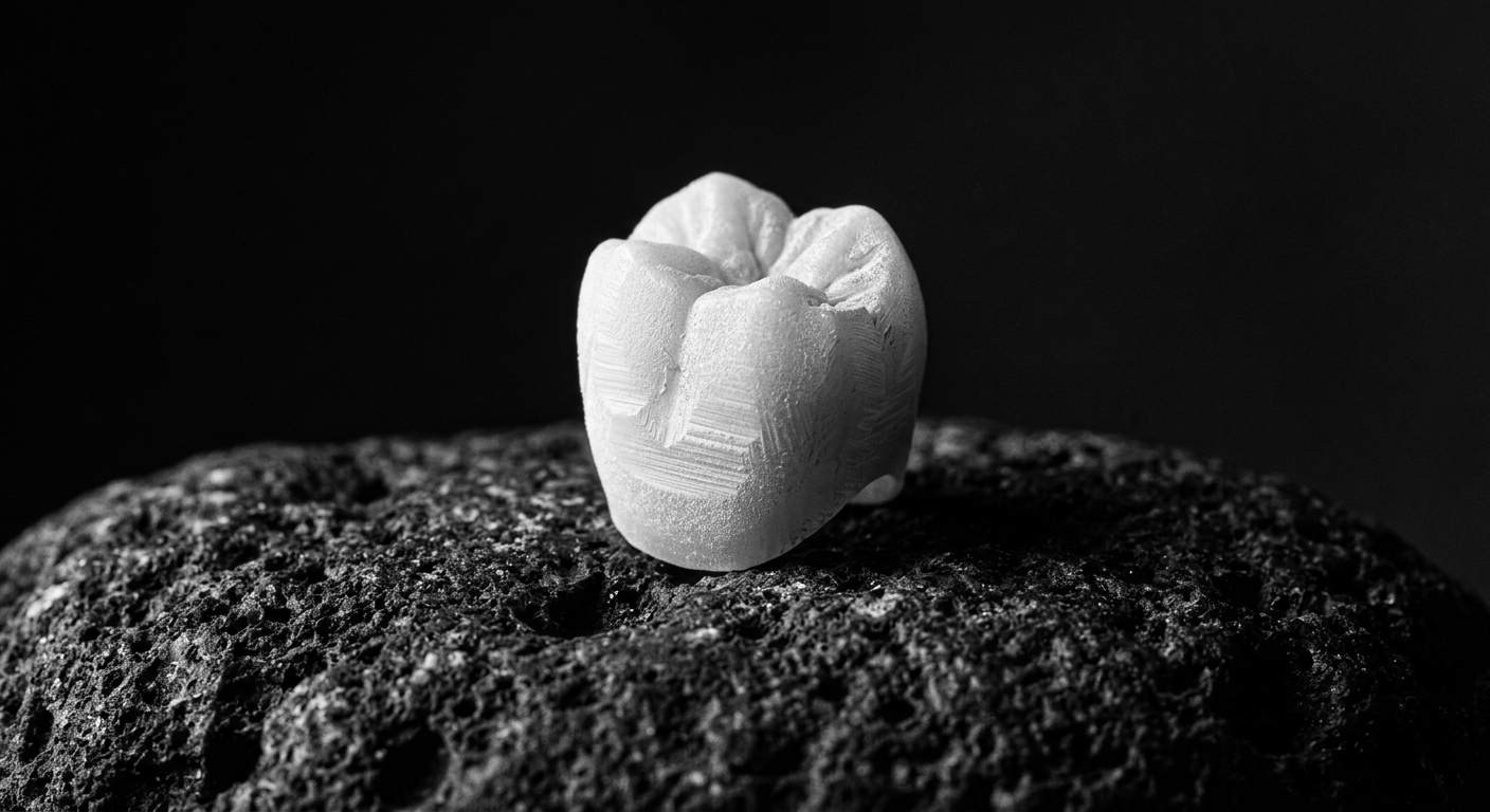 Milled ceramic crown on dark stone. AI-generated demonstration, not real patients.