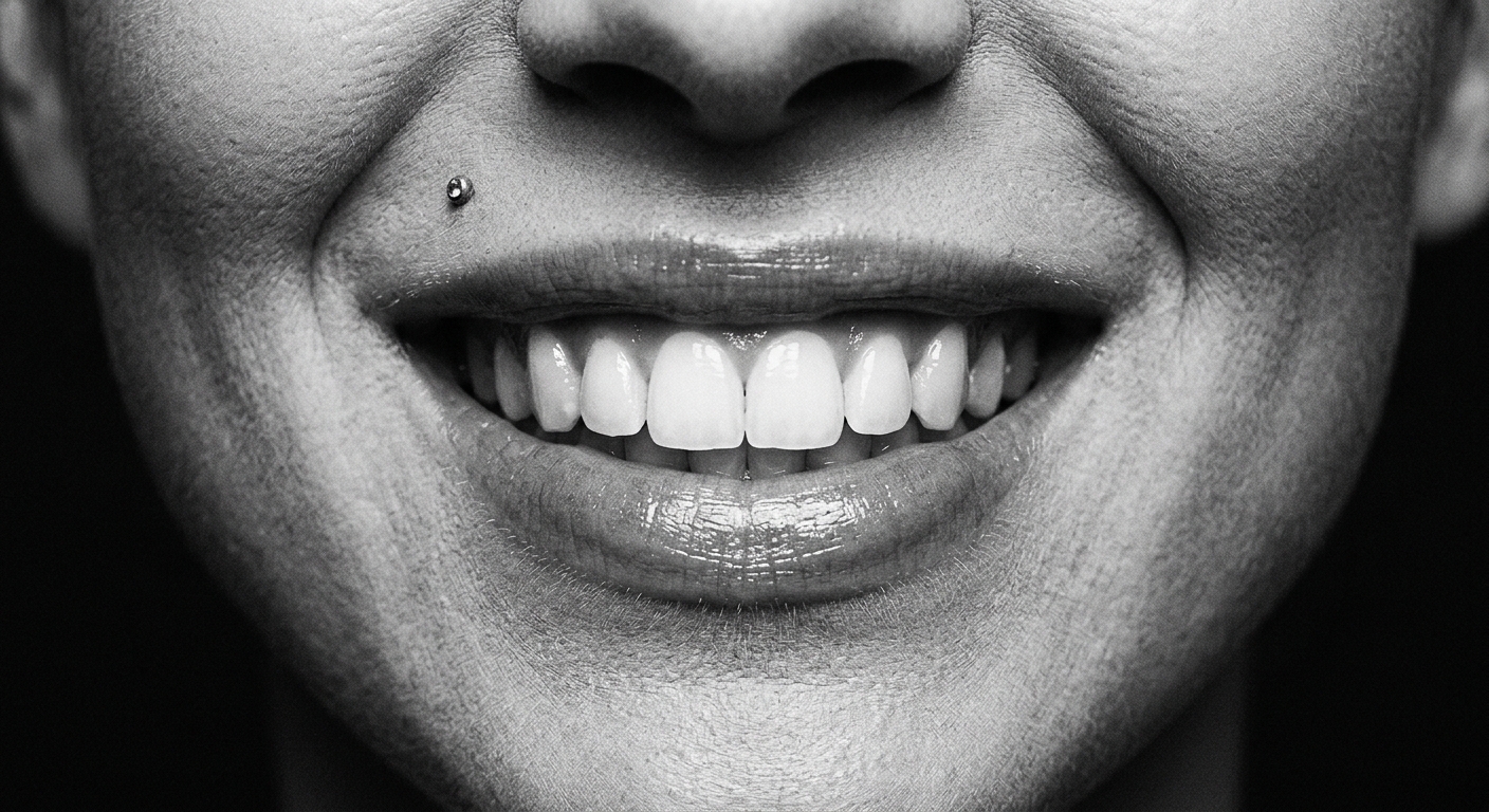 Close-crop monochrome smile demonstration, chin-to-nose crop. AI-generated demonstration, not real patients.