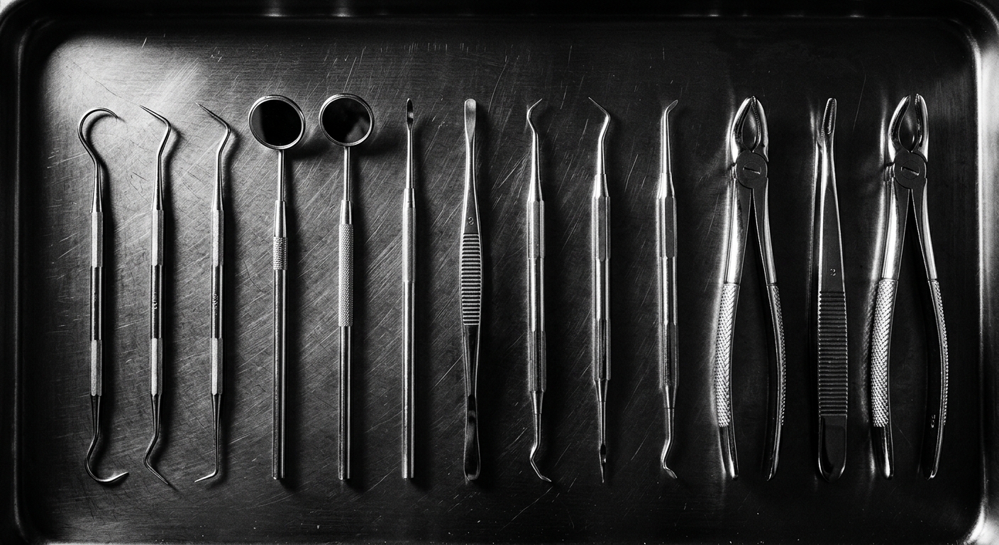 Chrome instruments in a precise row. AI-generated demonstration, not real patients.