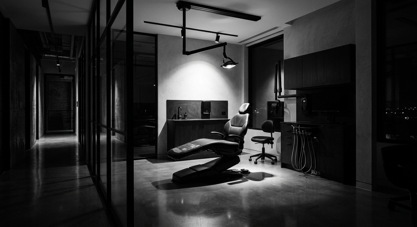 Empty dental operatory under a single spotlight, architectural monochrome
