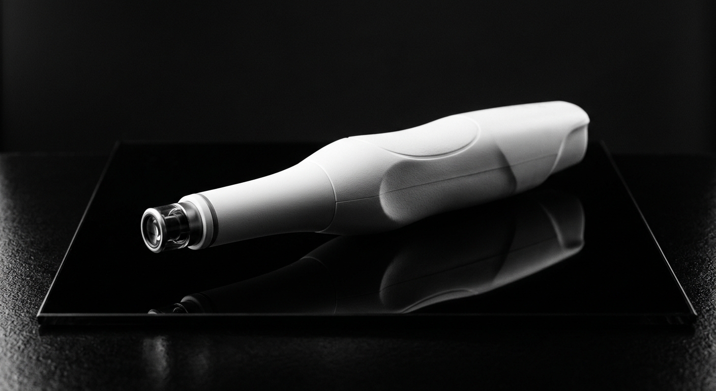White intraoral scanner wand on black glass