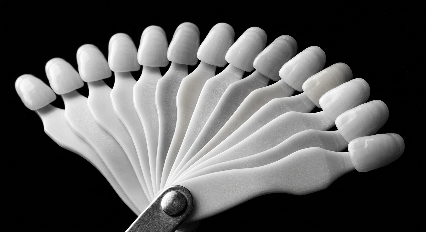 Porcelain shade tabs fanned against black. AI-generated demonstration, not real patients.