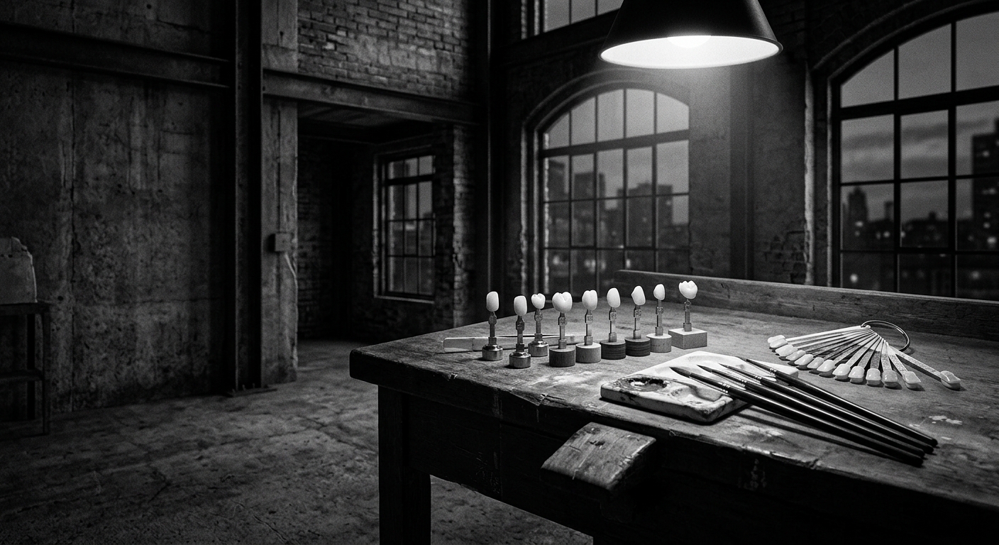 Ceramics bench under a single spotlight in the converted foundry studio, monochrome still life