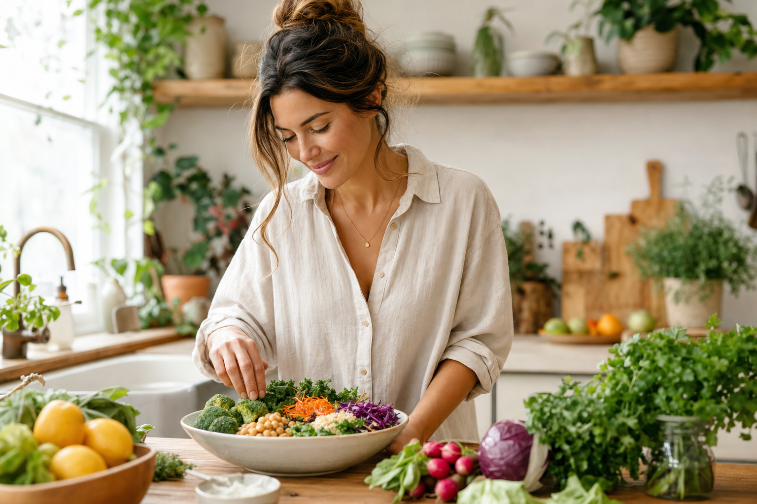 A Fernwell nutrition coach plating fresh vegetables at a bright kitchen counter