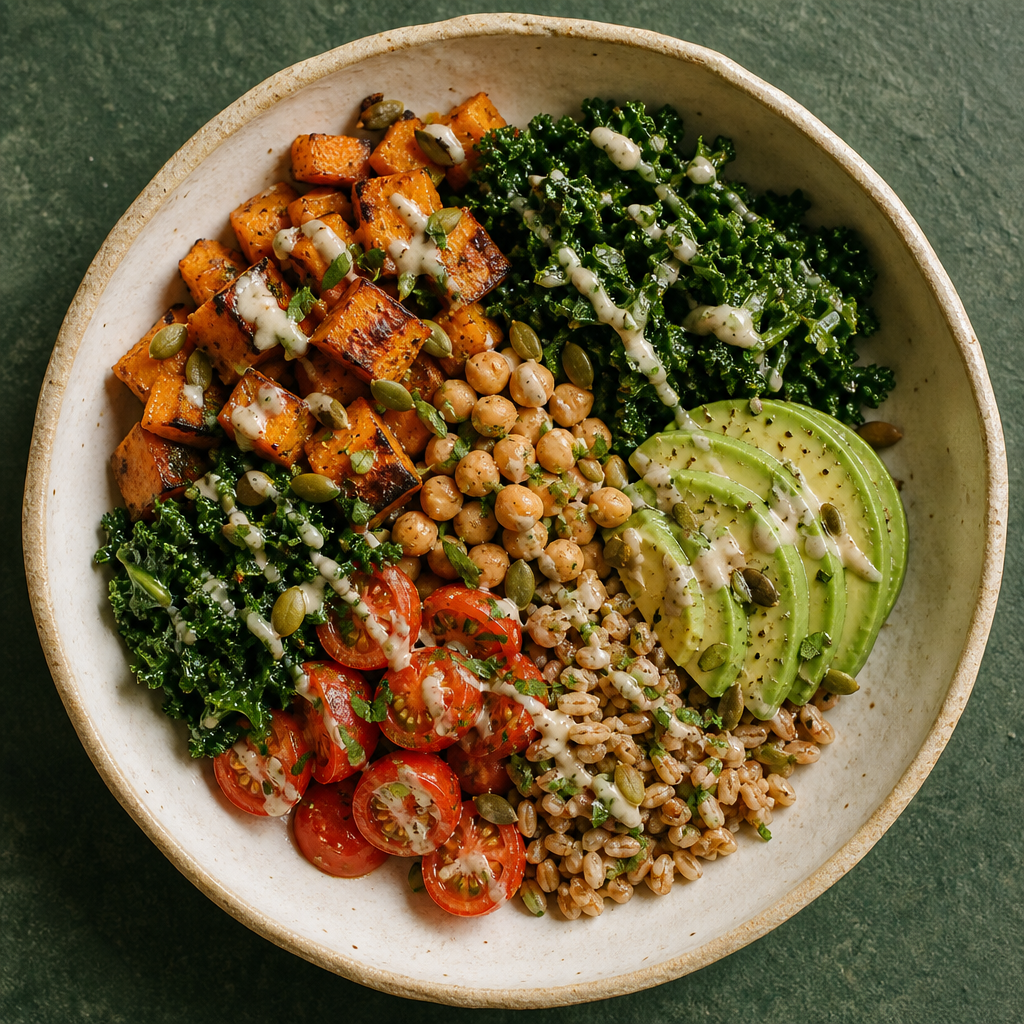 An overhead grain-and-vegetable bowl with roasted squash, greens, chickpeas, and avocado on a warm ceramic plate