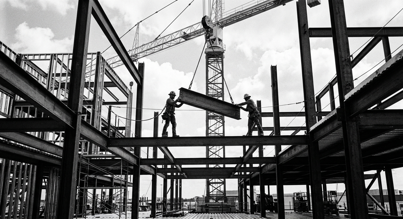 Ironworkers guiding a steel beam into place on a mid-rise frame, photographed in black and white