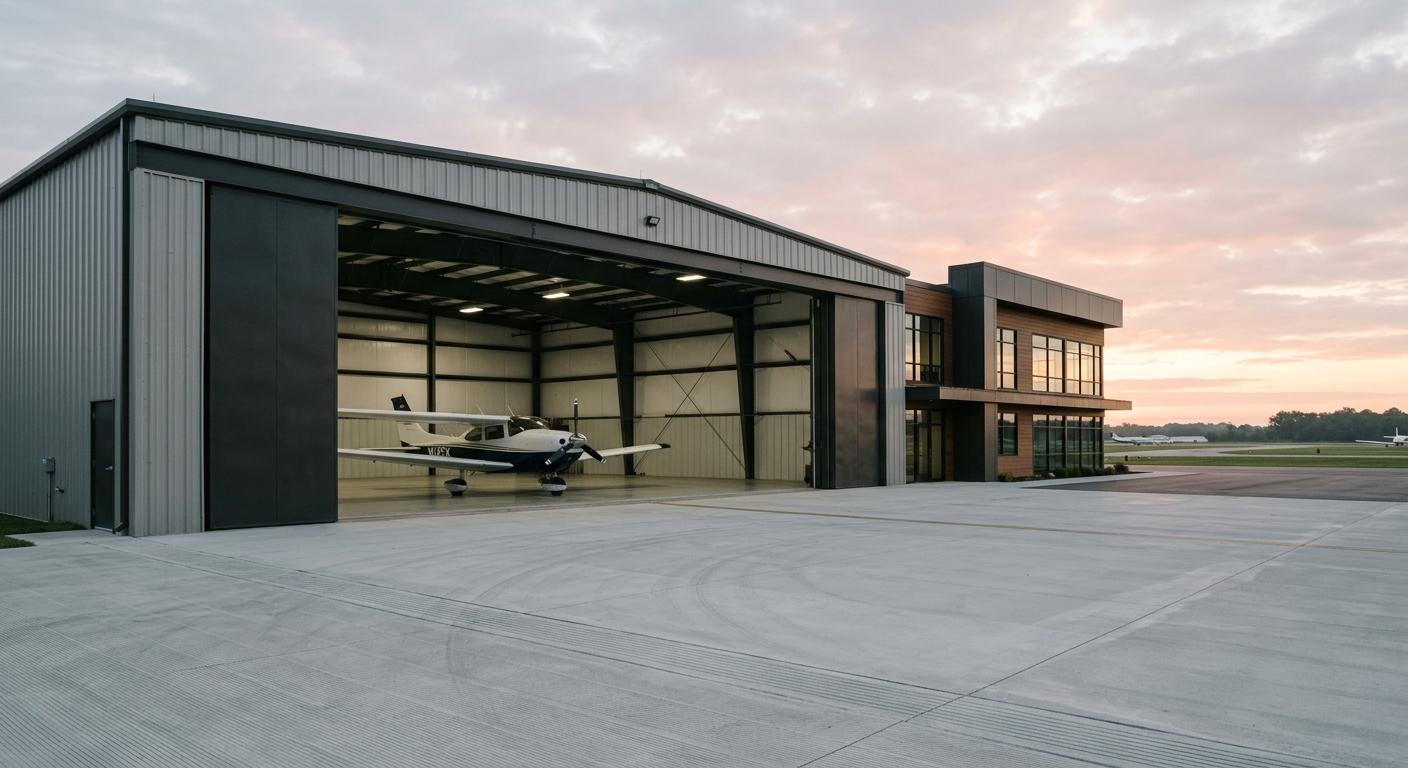 Delta Hangar, a steel aircraft hangar with a large sliding door open at dawn showing a small plane on the concrete apron