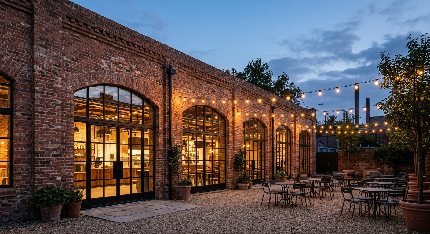Kilnworks Retail Hall, a restored 1946 brick warehouse with new black steel windows and a lit courtyard at dusk