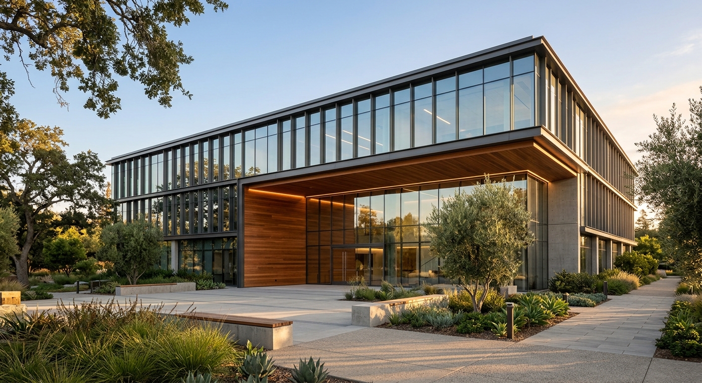 Parkline Offices, a three-story glass and wood-soffit Class A office building in late afternoon light