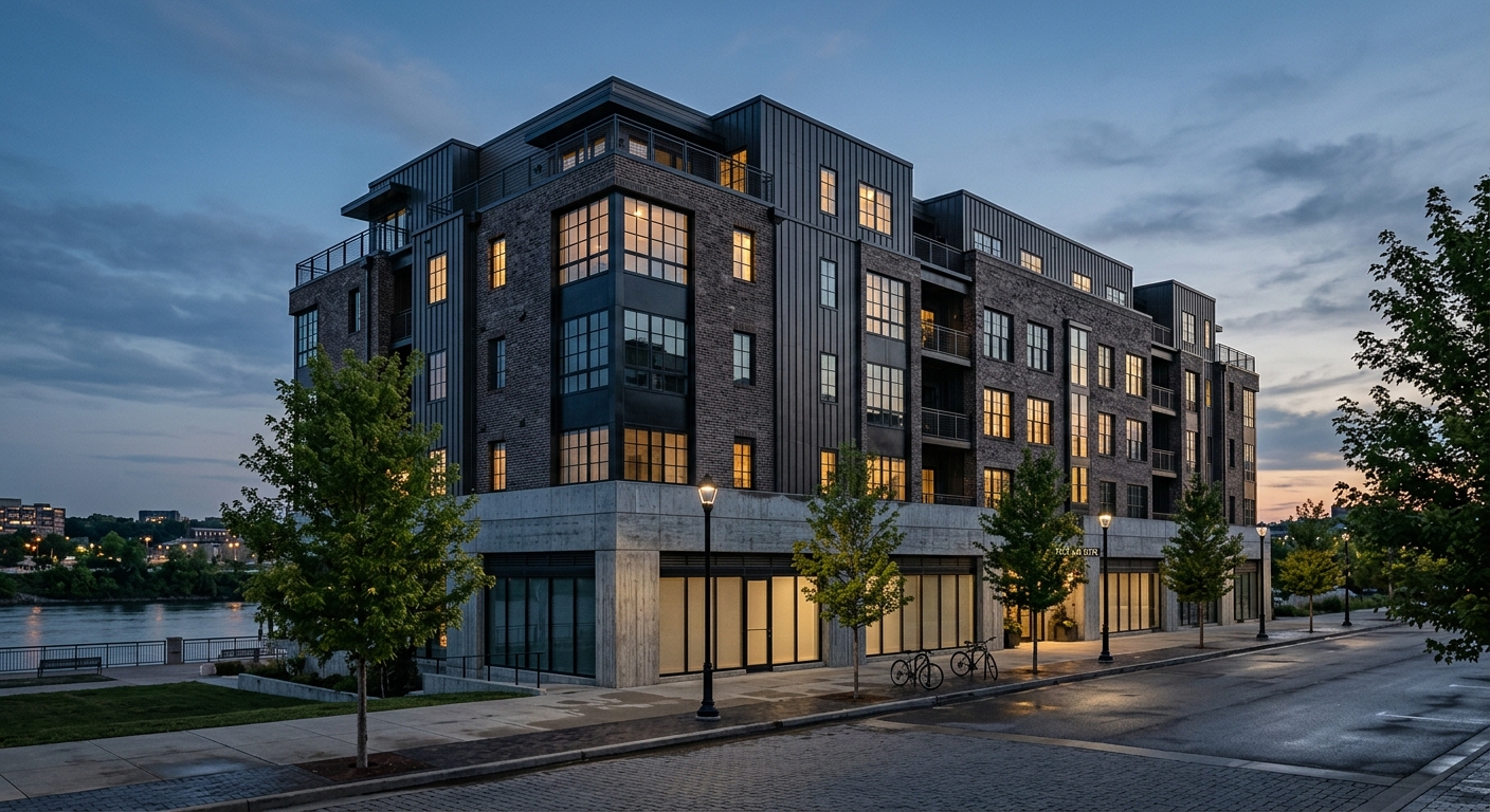 Riverworks Lofts, a five-story brick and dark metal multifamily building at dusk with warm window light