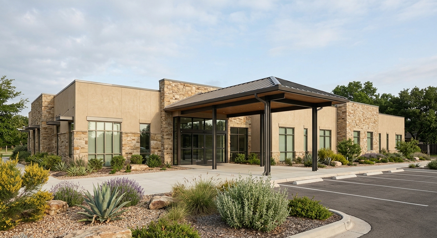 Stonebridge Clinic, a single-story stone and stucco outpatient medical building with a covered entry in morning light