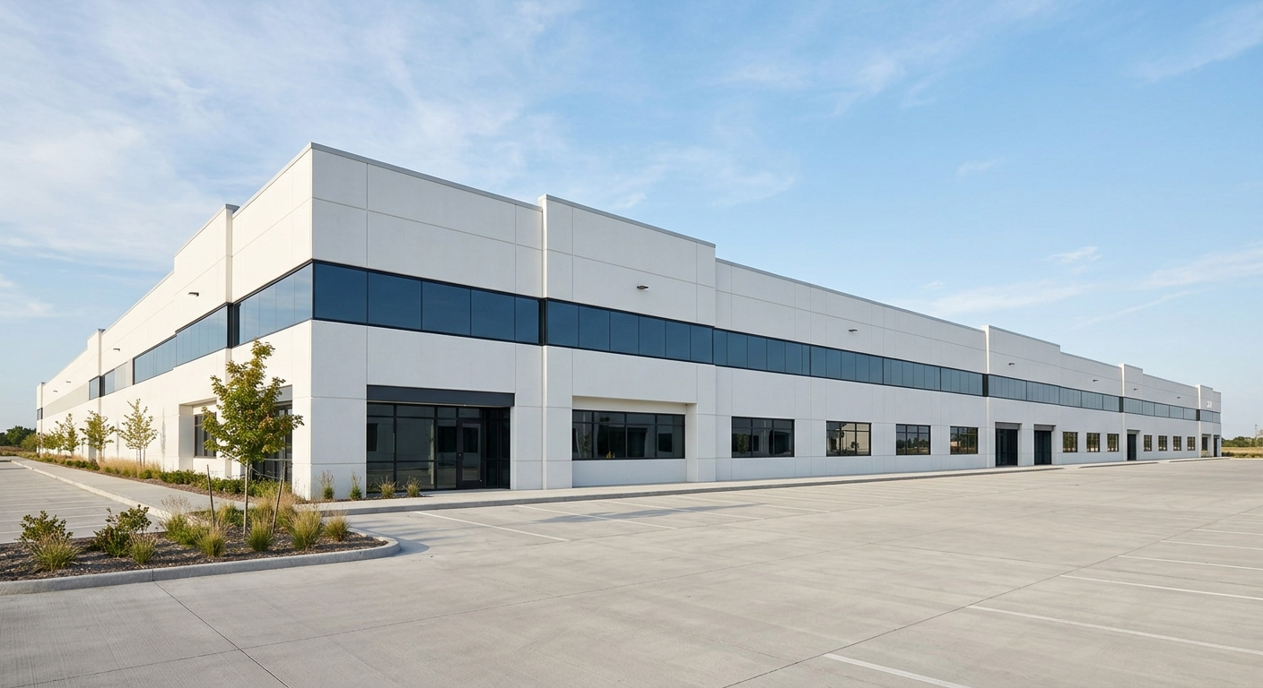 Summit Flex Park, a long modern concrete tilt-up industrial building with blue-gray glazing under a clear sky