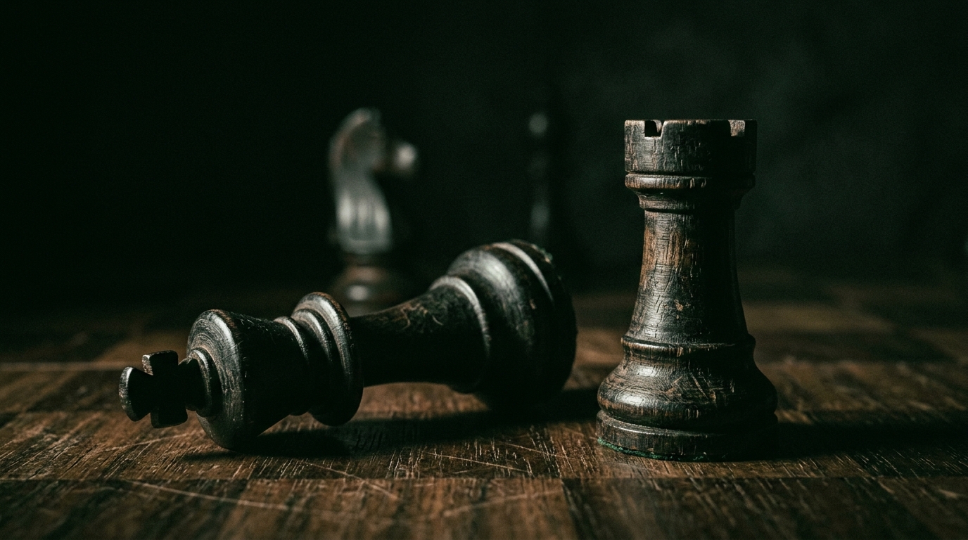 Fallen chess king beside an upright rook on a dark board, lit from the side