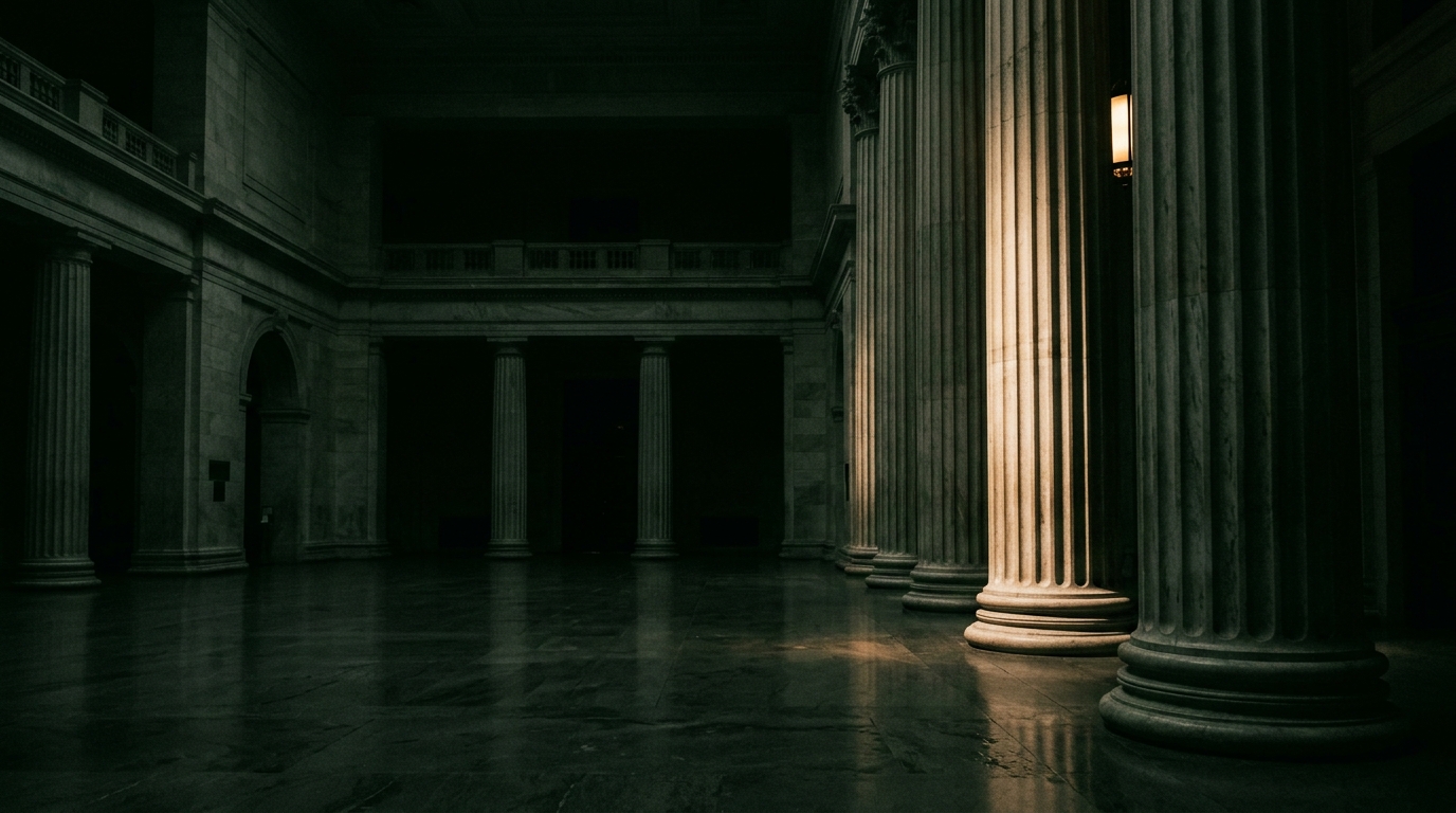 Massive courthouse marble columns in deep shadow