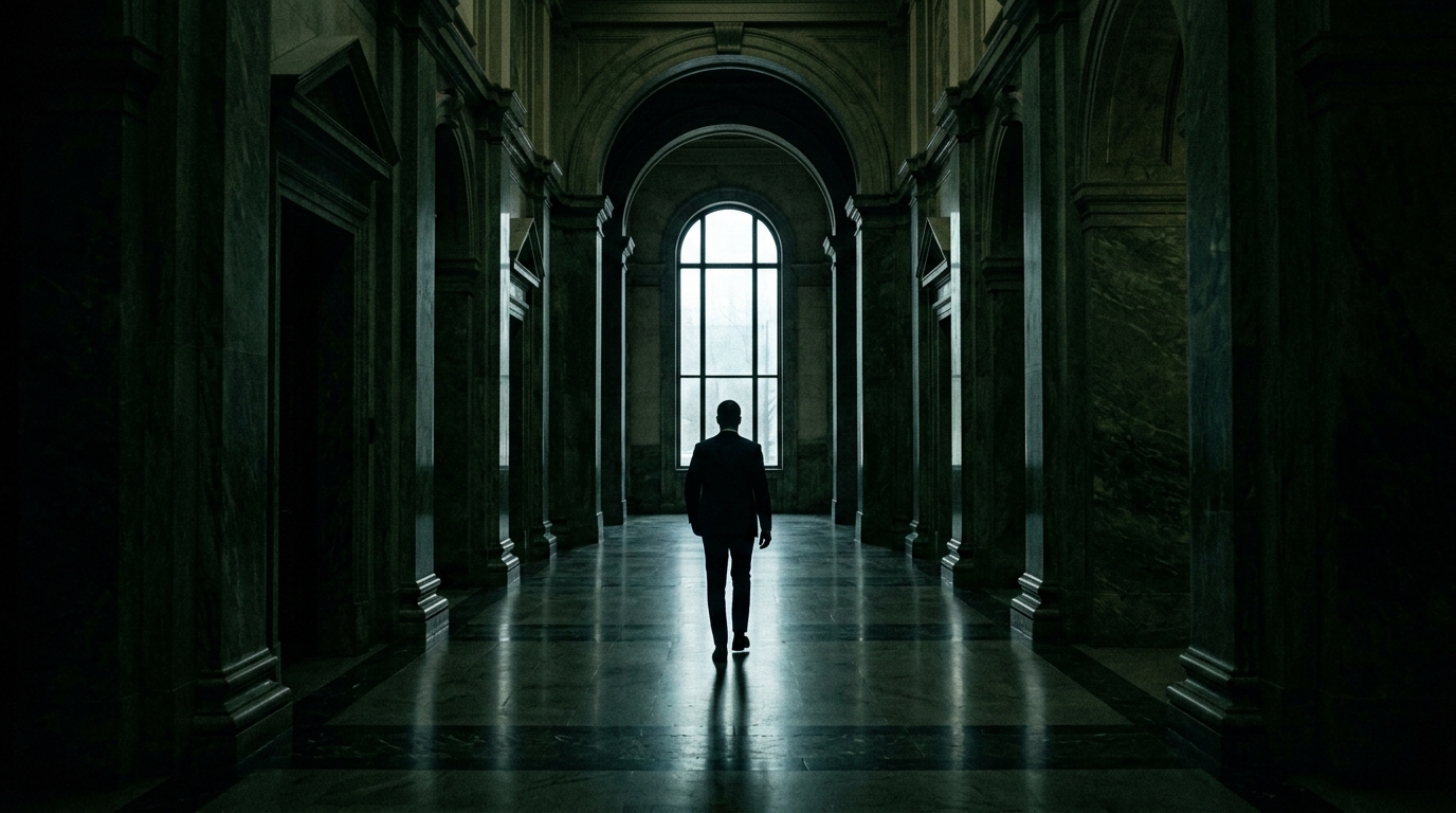 A distant suited figure seen from behind in a vast dark marble corridor