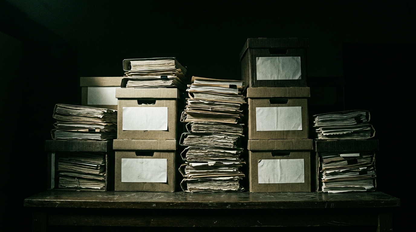 Stacked case files with blank labels in dramatic side light