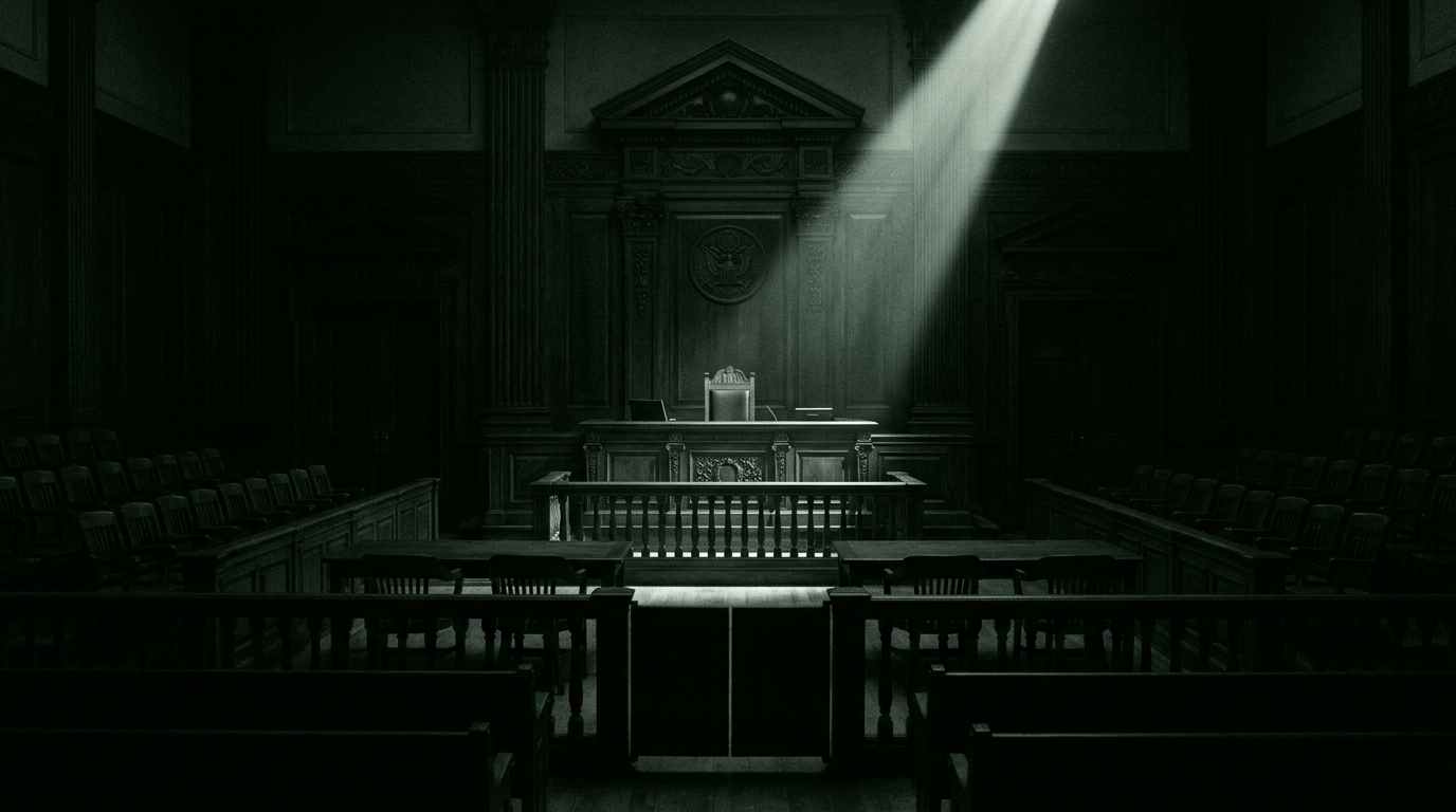 Empty courtroom in deep shadow with a single shaft of light across the bench