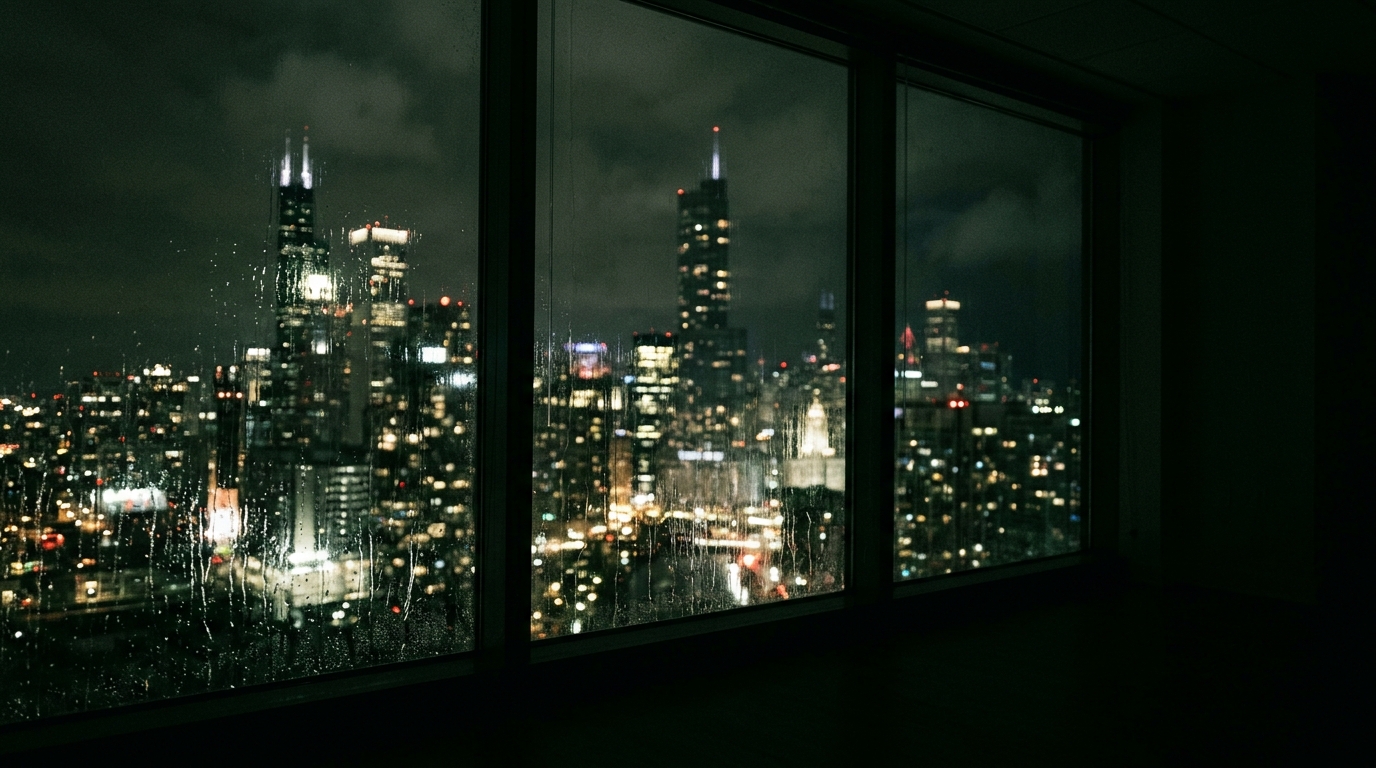 City skyline at night through rain-streaked office glass