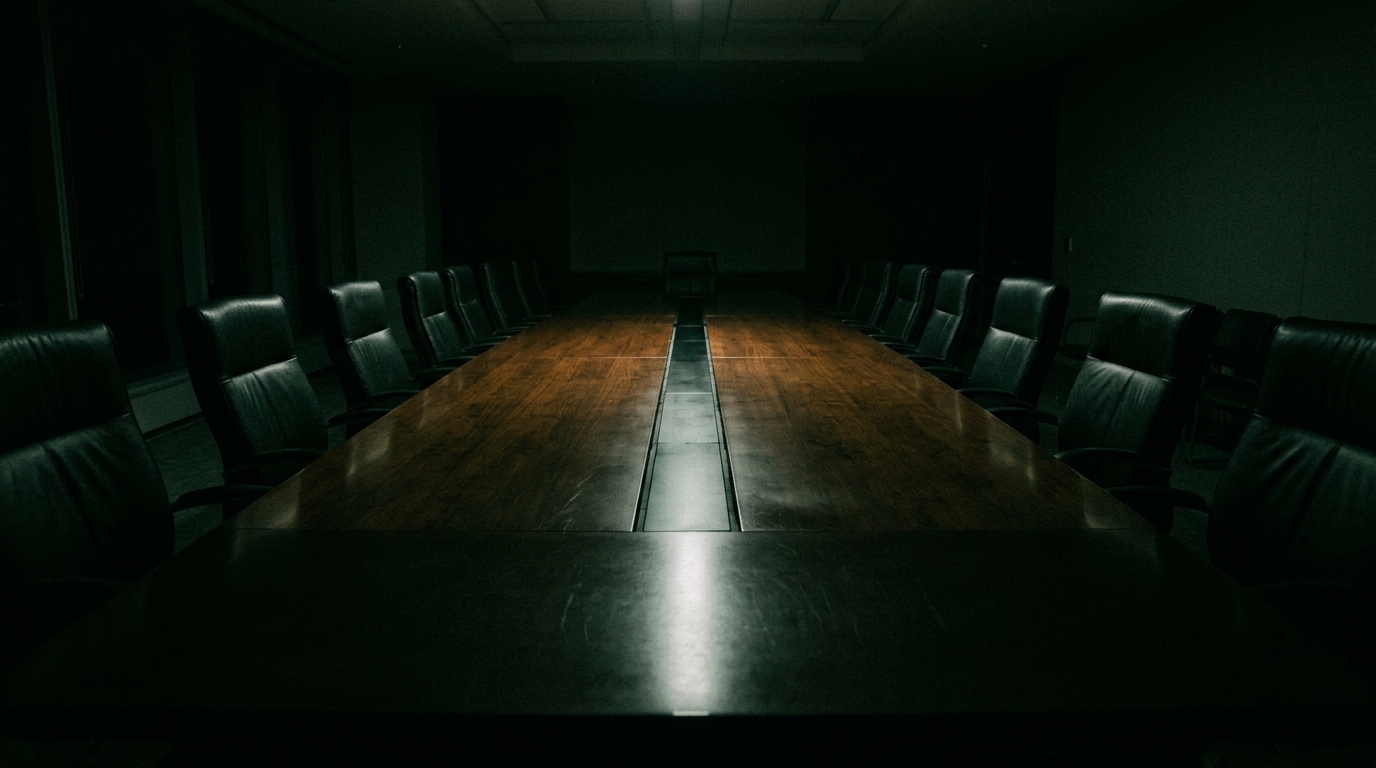 Long empty conference table under a single band of light in a dark room