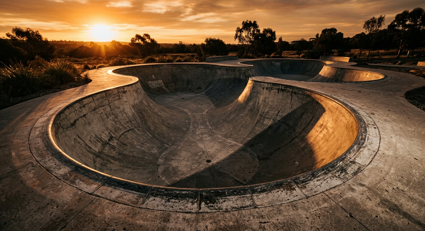 Empty concrete skatepark bowl with long golden-hour shadows