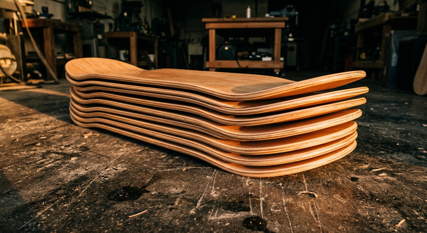 Stack of blank pressed maple skateboard decks in warm workshop light