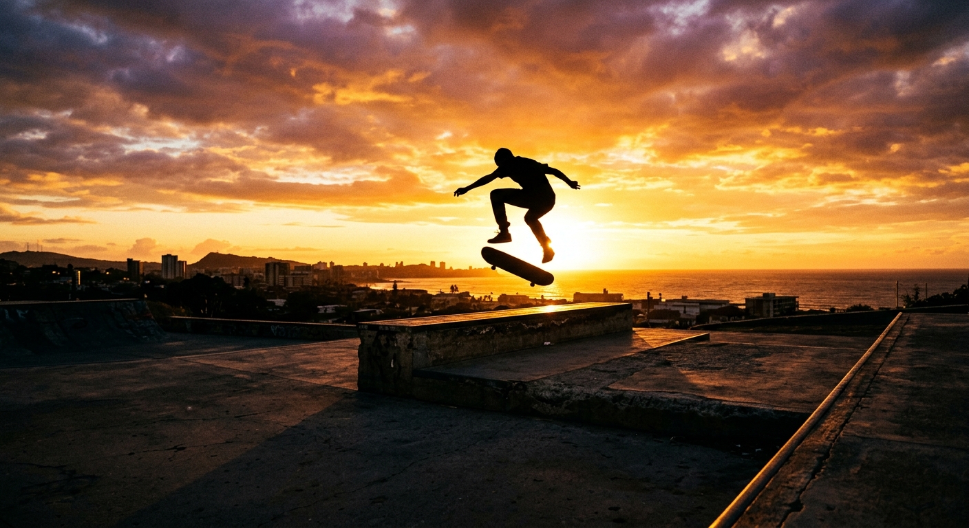 Silhouetted skateboarder mid-ollie over a concrete ledge against a blazing sunset