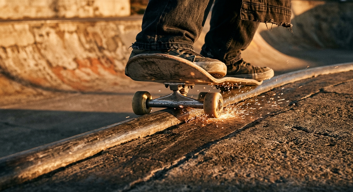 Close-up of skateboard trucks grinding a steel rail at golden hour