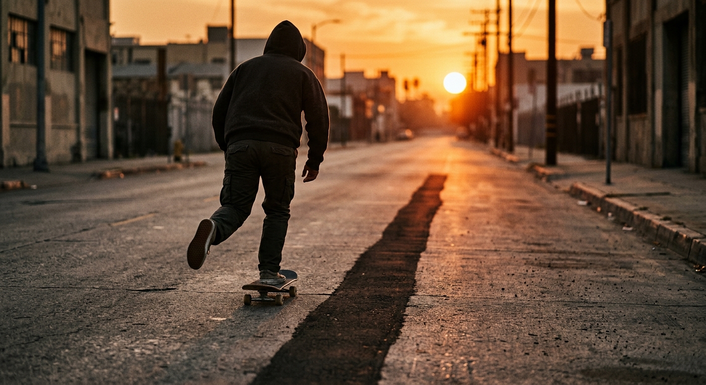 Skater seen from behind pushing down an empty street at sunset