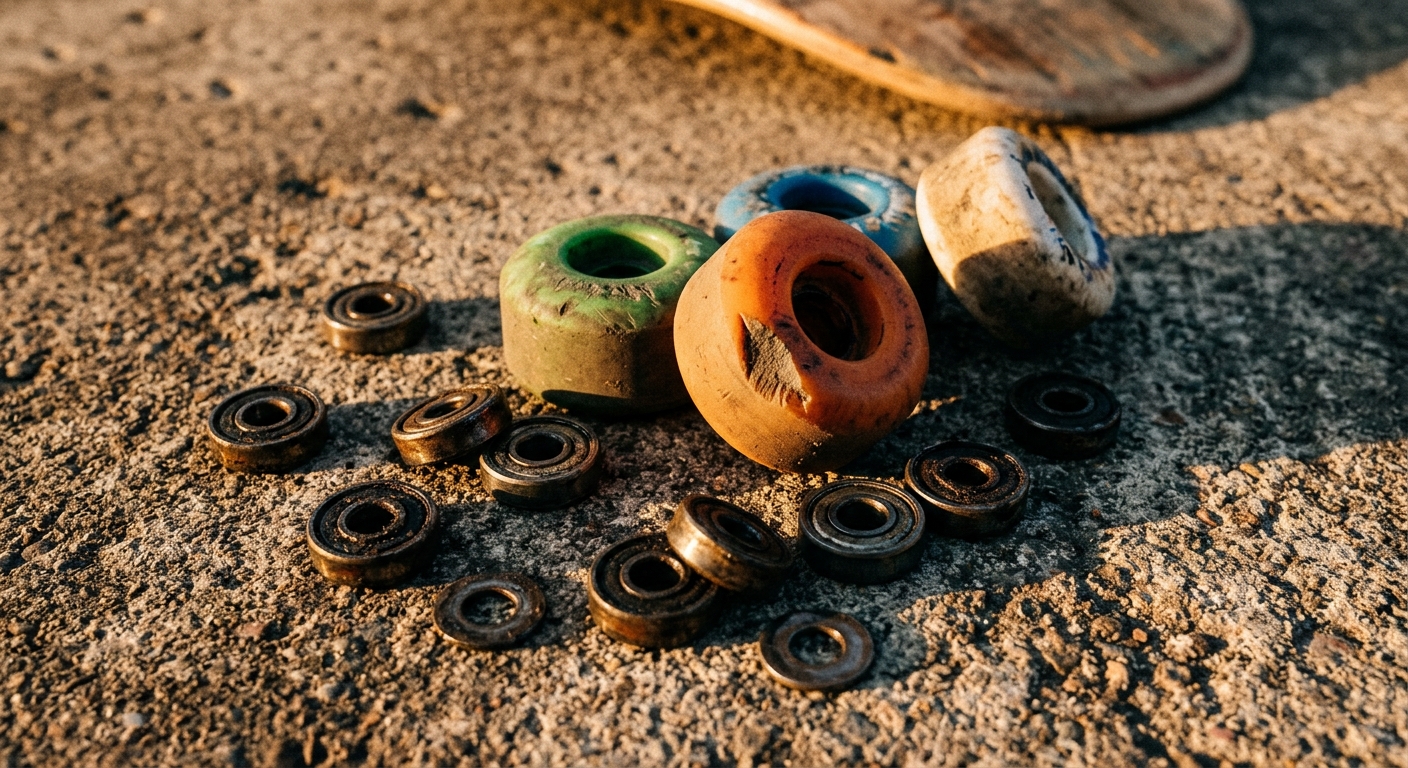 Worn skateboard wheels and bearings resting on rough concrete