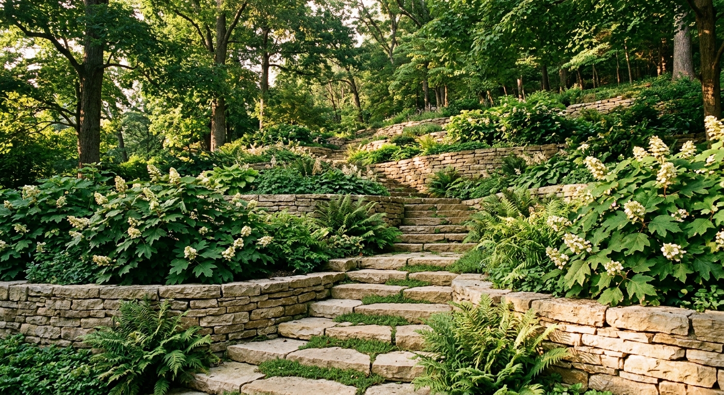 Terraced hillside garden with dry-stacked limestone retaining walls, stone steps, and layered green planting in late afternoon light
