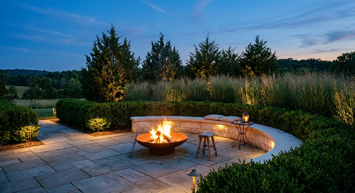 Bluestone terrace at dusk with a lit fire bowl, clipped hedges, and warm low garden lighting under a deep twilight sky