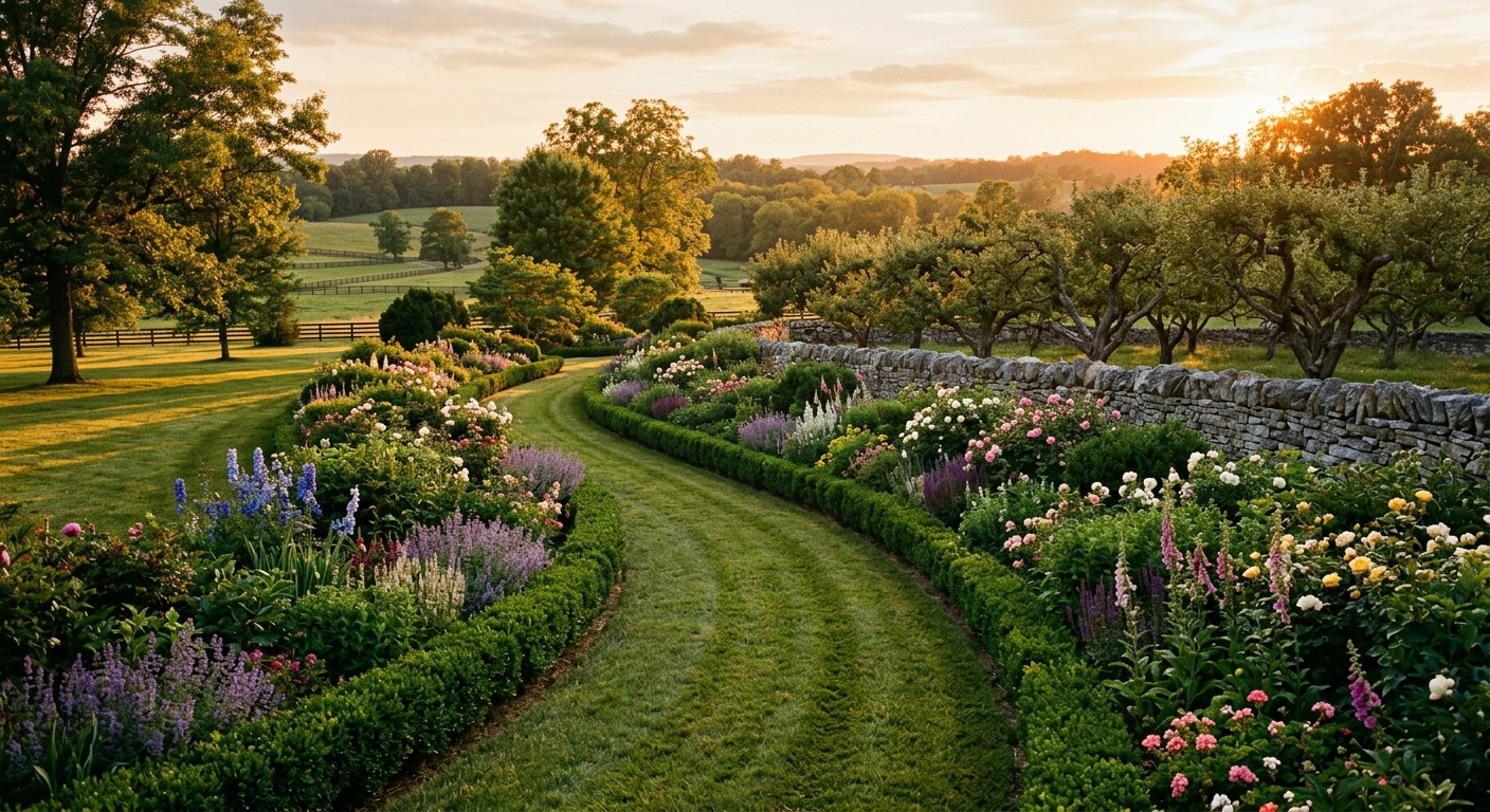 Estate garden at golden hour with clipped hedgerows, deep perennial borders, and an old orchard behind a dry-stacked limestone wall