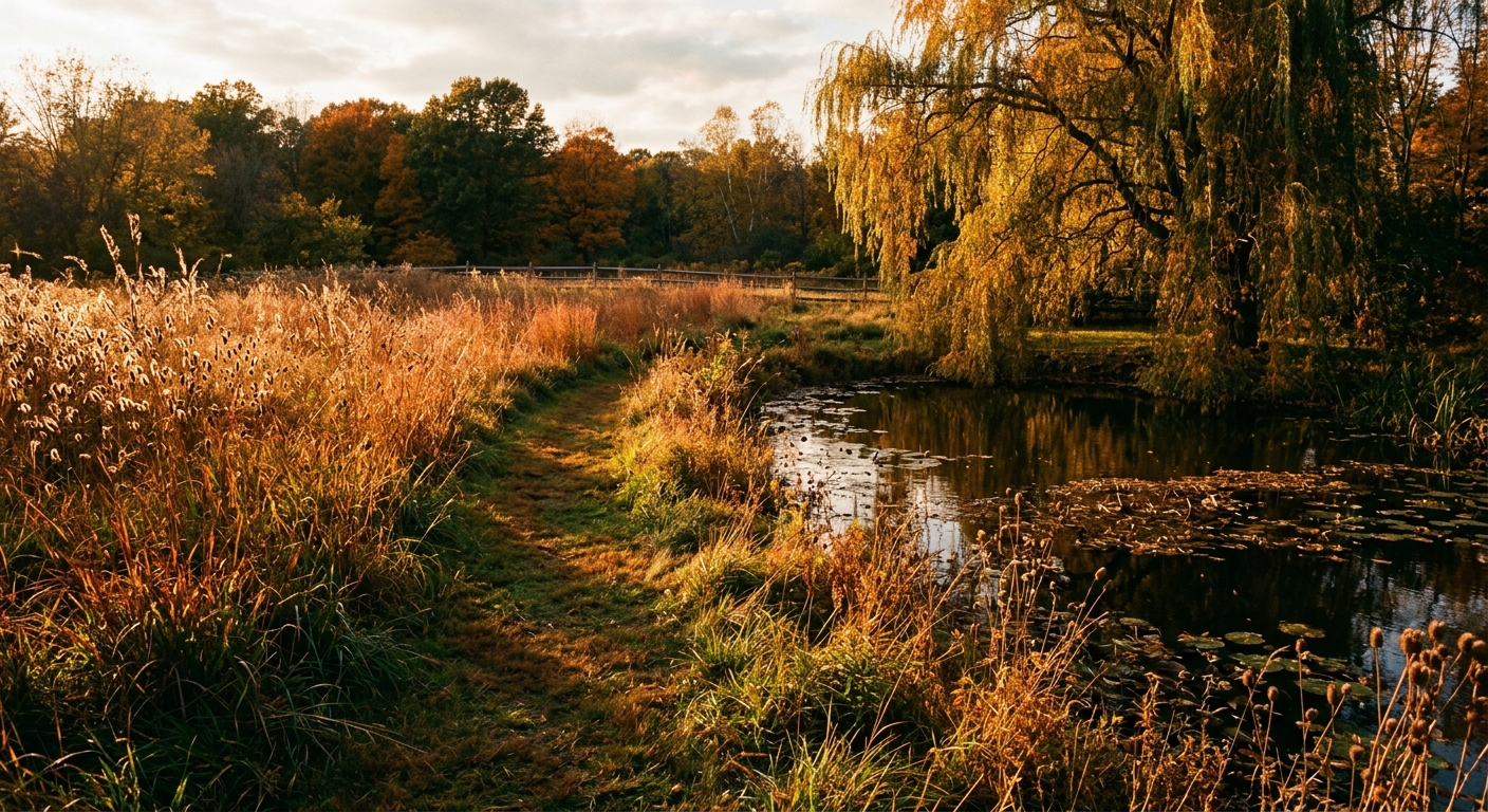 Willowmere garden in autumn: copper and amber foliage, seed heads standing, low golden light across the pond