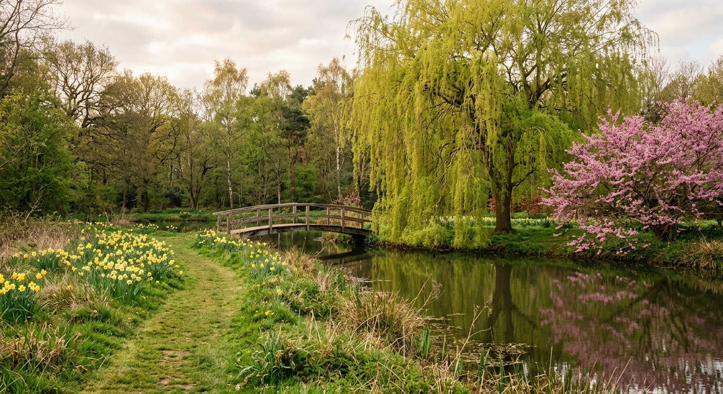Willowmere garden in spring: redbud in bloom, fresh willow leaf, and bulbs naturalized along a mown pond path