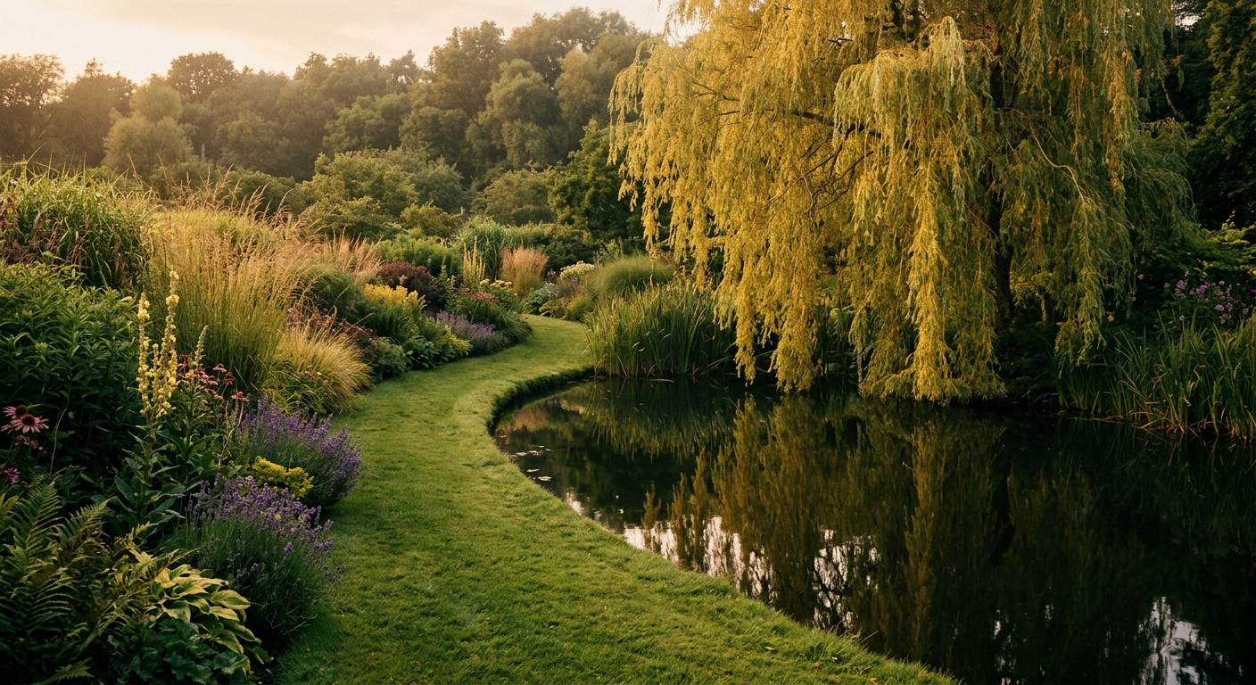 Pond-edge garden in full summer with a golden willow, deep green mixed borders, and a mown path through tall grass