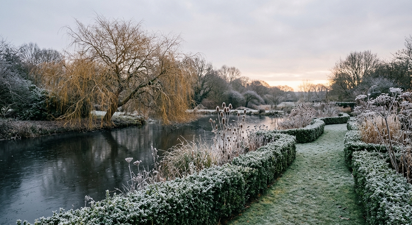 Willowmere garden in winter: frost on hedges and seed heads, bare willow branches over a still pond