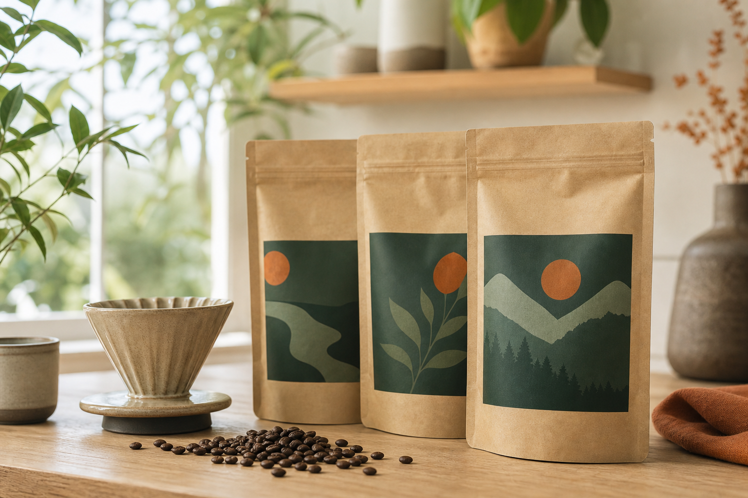 Three kraft coffee bags with deep-green labels on a pale oak counter beside a pour-over dripper in morning light