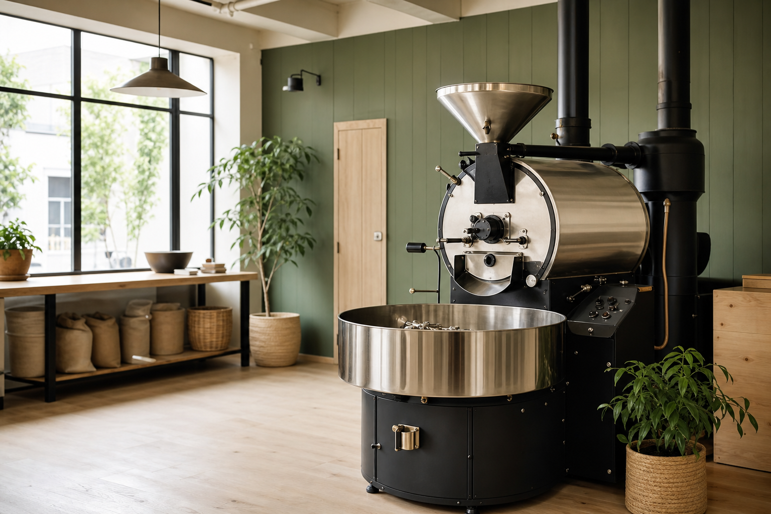 A cast-iron drum roaster in a bright Vermont roastery