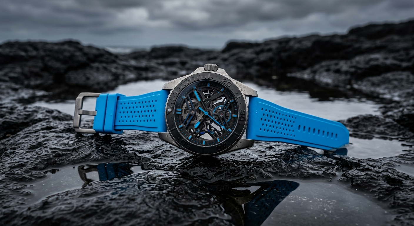 Titanium Kairos sport watch with electric-blue perforated strap resting on wet black volcanic basalt