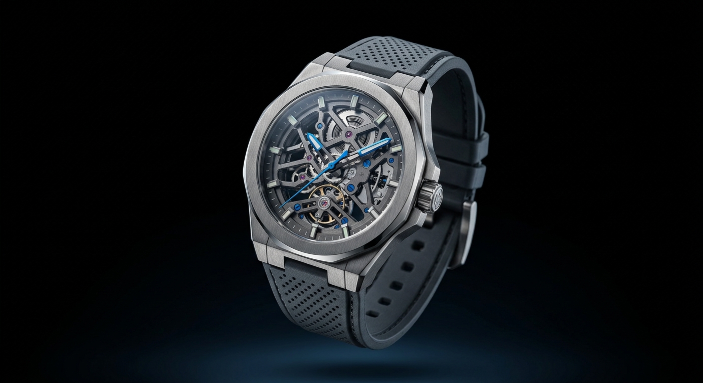 Kairos Meridian floating over a black studio void, rim light carving the titanium case edges