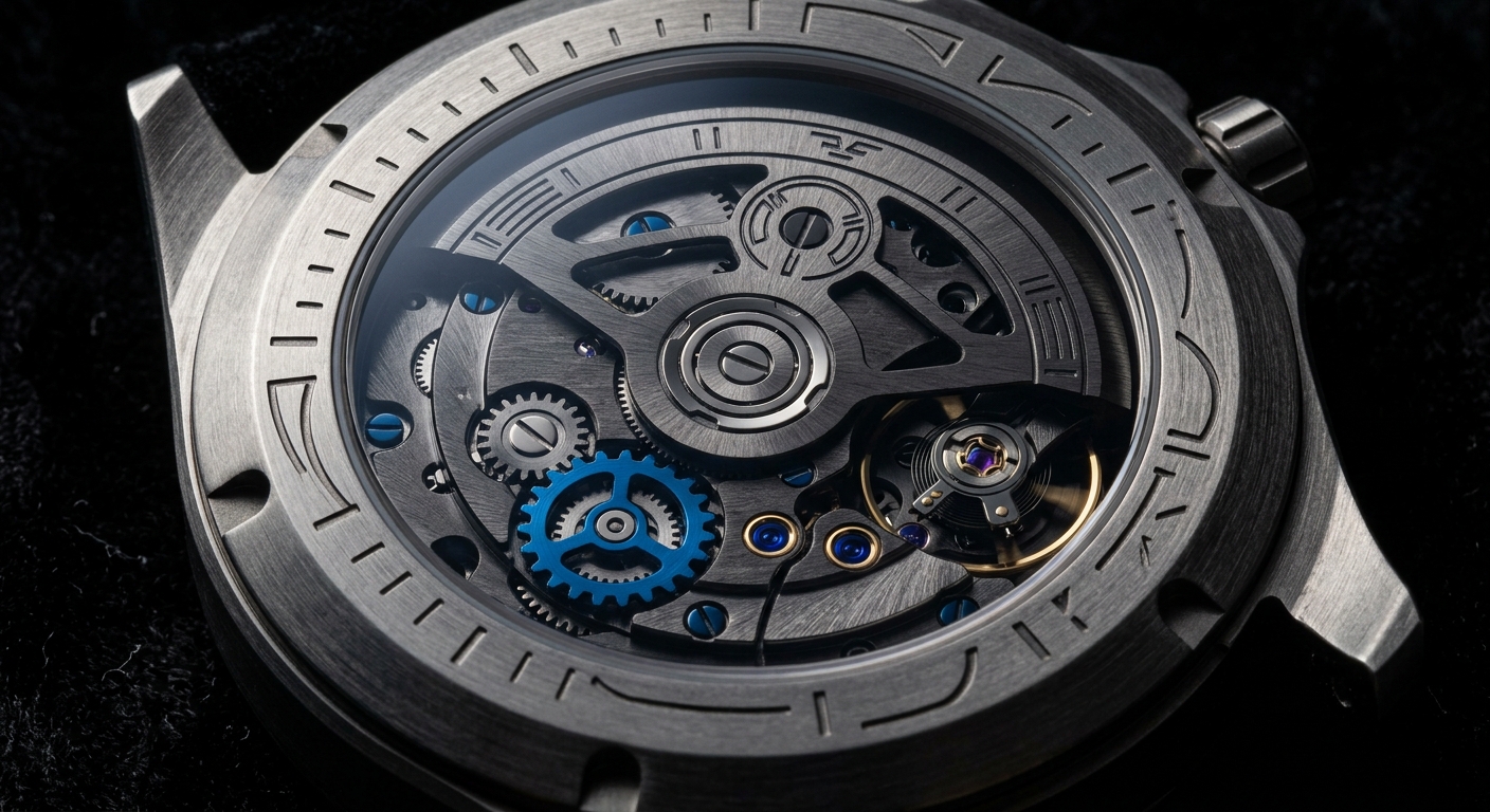 Macro of a titanium caseback with sapphire exhibition window revealing a dark movement with blue accents